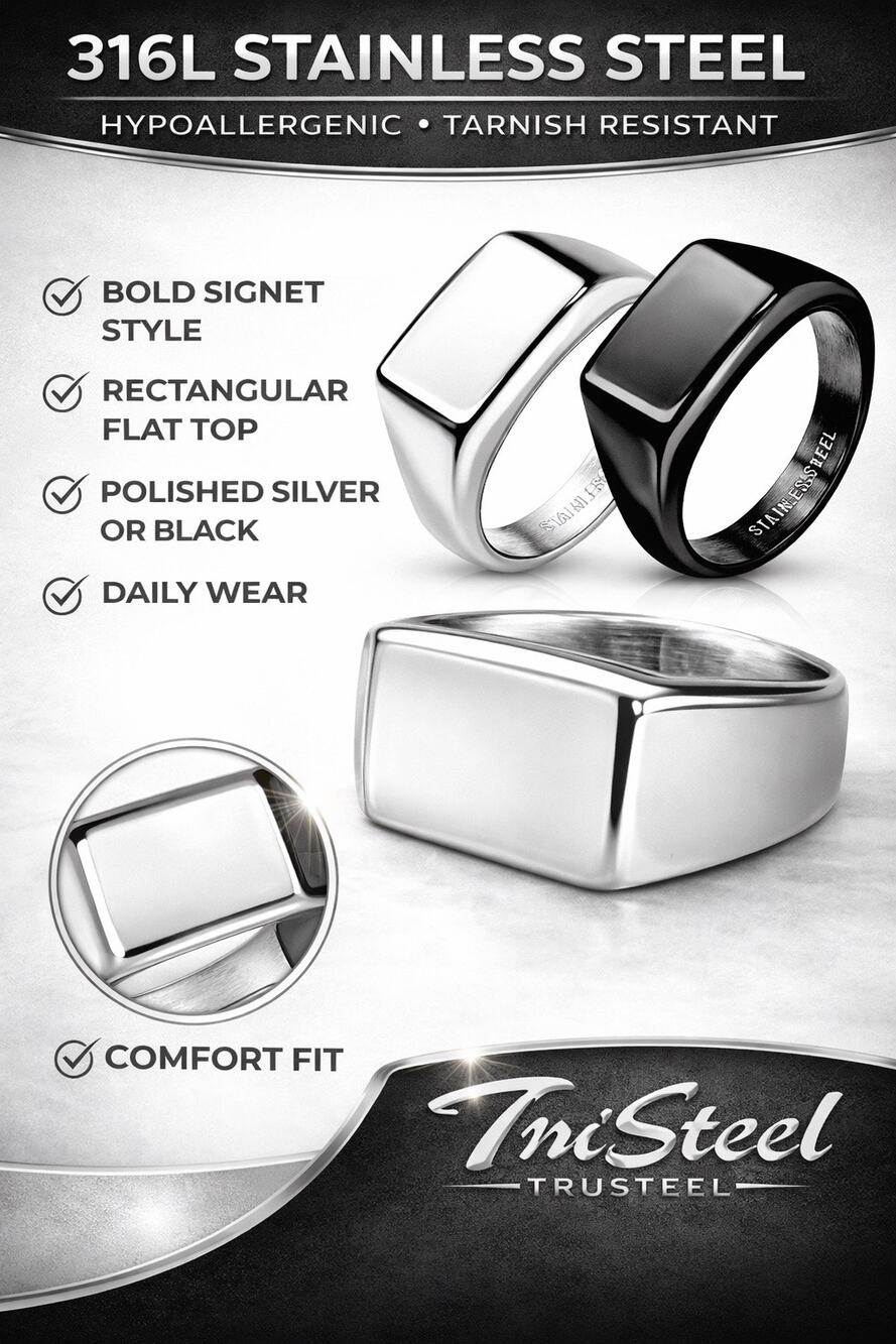 Men’s Wide Square Flat Top silver 316L Stainless Steel Ring 9mm width size 11